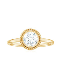 6mm round Moissanite solitaire engagement ring in bezel setting by Rosec Jewels, showcasing the elegant ring design.