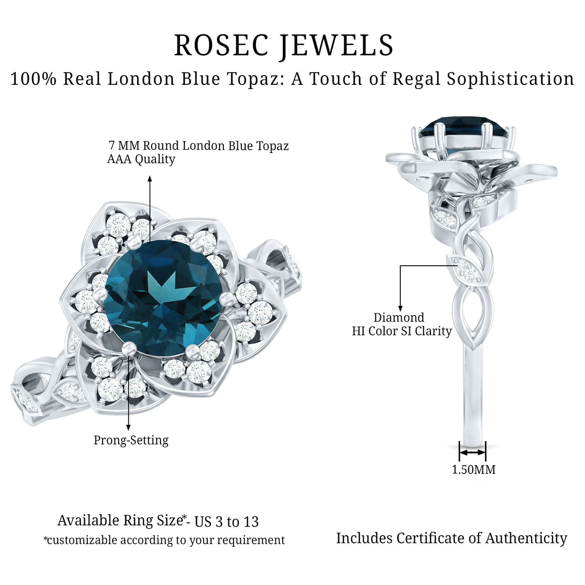 London Blue Topaz and diamond cocktail flower engagement ring by Rosec Jewels featuring a vibrant blue topaz and sparkling diamonds.
