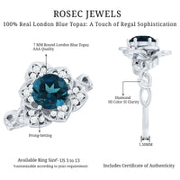 London Blue Topaz and diamond cocktail flower engagement ring by Rosec Jewels featuring a vibrant blue topaz and sparkling diamonds.
