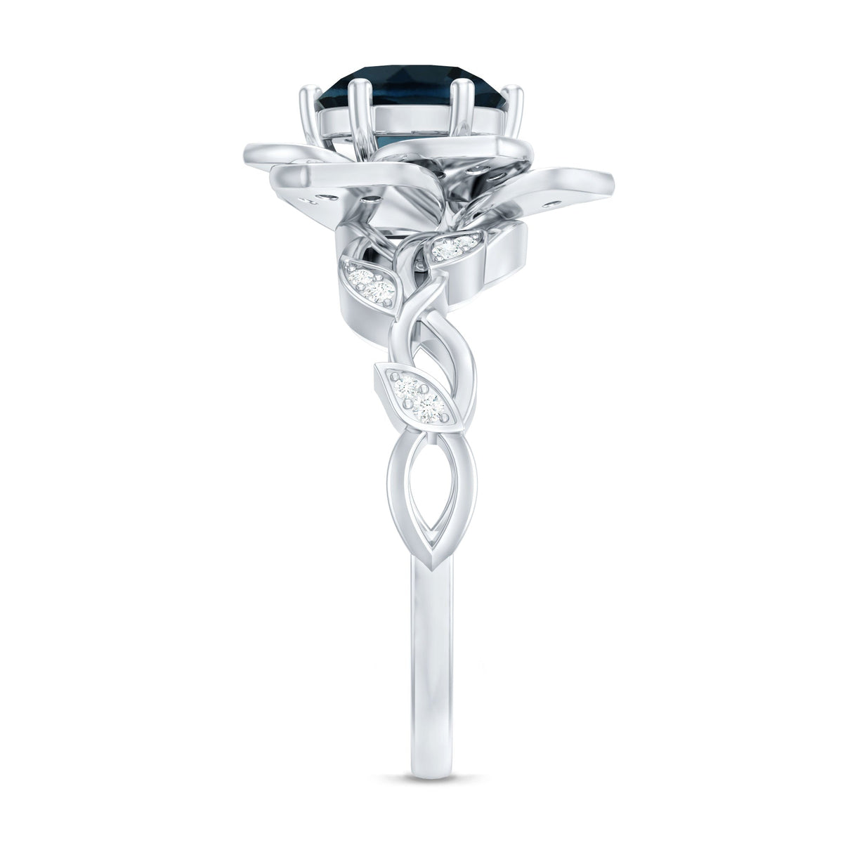 London Blue Topaz and Diamond cocktail flower engagement ring by Rosec Jewels, featuring a detailed floral design and sparkling gemstones.