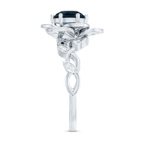 London Blue Topaz and Diamond cocktail flower engagement ring by Rosec Jewels, featuring a detailed floral design and sparkling gemstones.