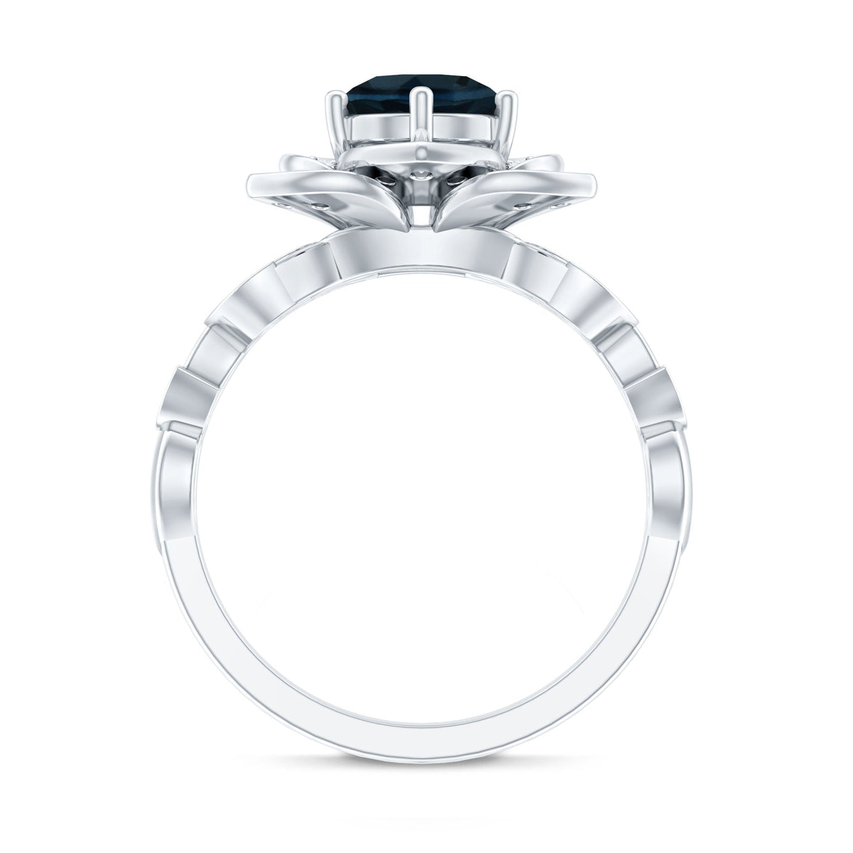 London Blue Topaz and diamond cocktail flower engagement ring by Rosec Jewels featuring a vibrant blue topaz centerpiece and sparkling diamonds.