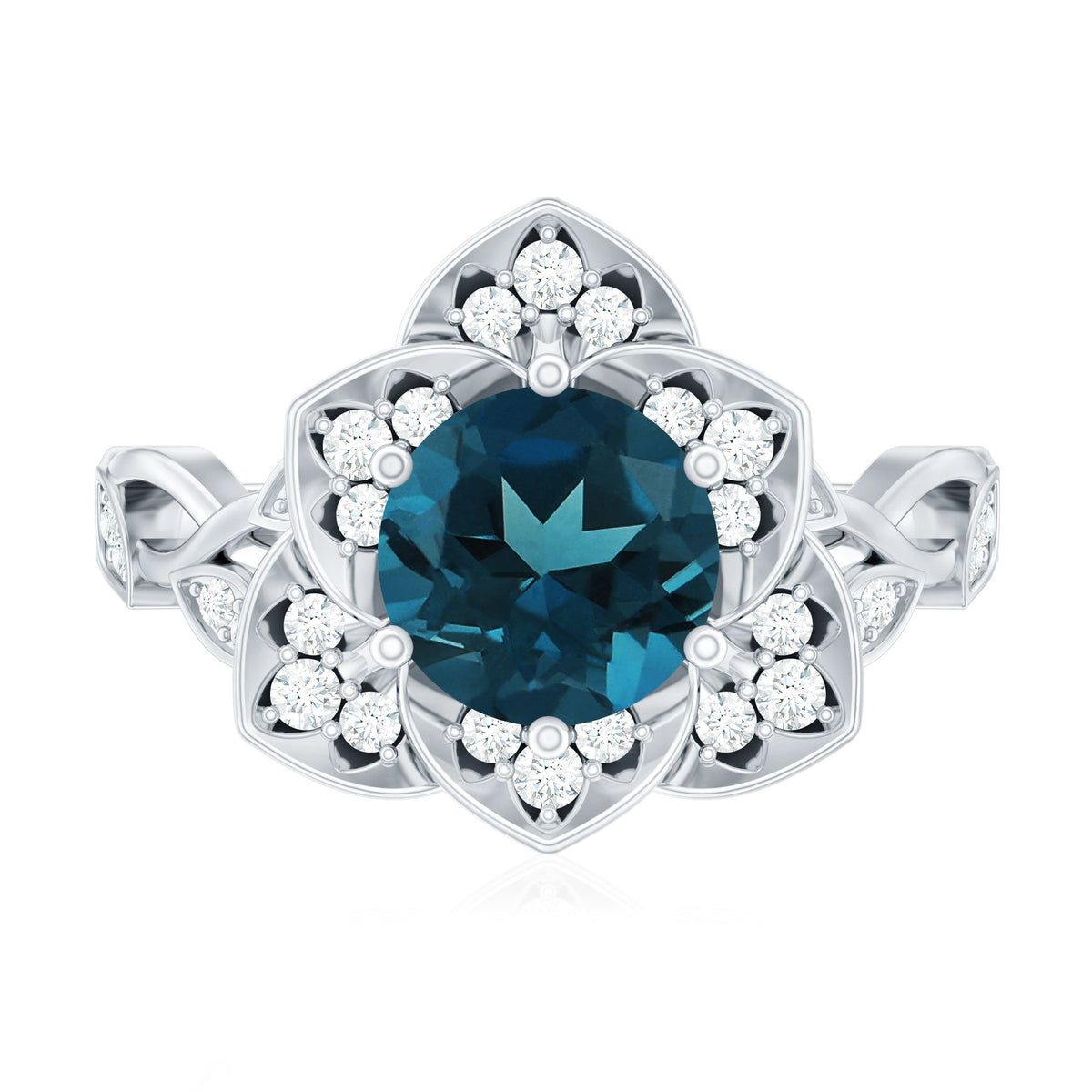 Rosec Jewels London Blue Topaz and Diamond cocktail flower engagement ring with intricate design and sparkling gemstones.