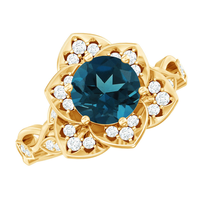 London Blue Topaz and Diamond cocktail flower engagement ring by Rosec Jewels, featuring a vibrant blue gemstone and sparkling diamonds.