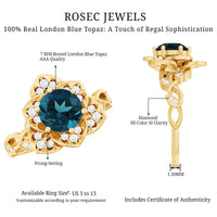 Rosec Jewels London Blue Topaz and Diamond cocktail flower engagement ring with intricate floral design and sparkling gemstones.