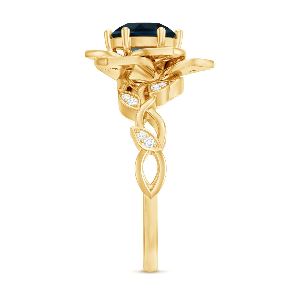 London Blue Topaz and diamond cocktail flower engagement ring by Rosec Jewels, featuring intricate floral design and sparkling gemstones.