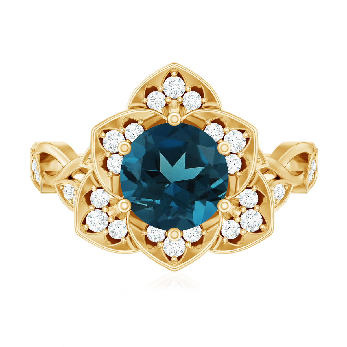 London Blue Topaz and diamond cocktail flower engagement ring featuring a silver band with intricate floral design by Rosec Jewels