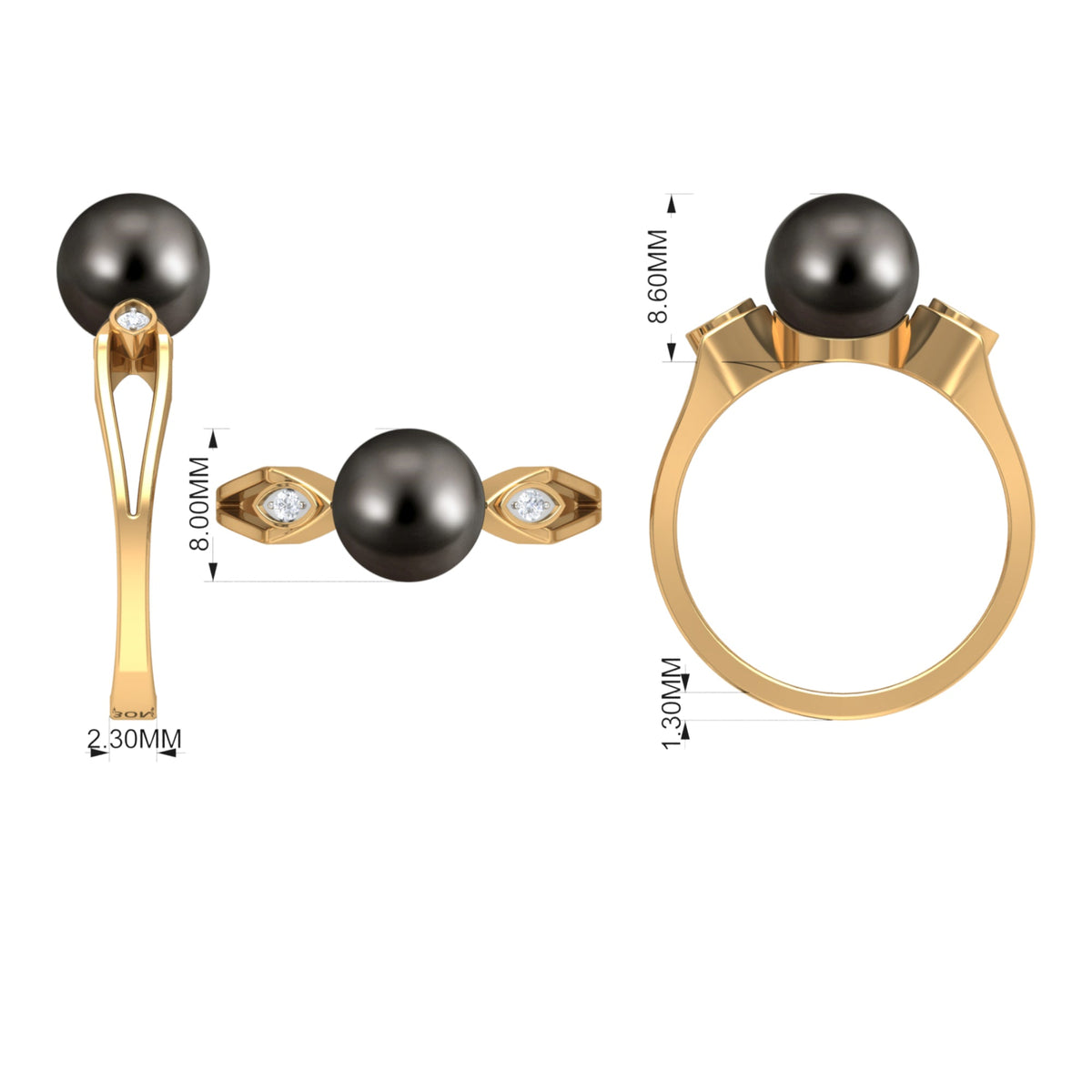 Contemporary solitaire Tahitian pearl engagement ring with diamond accents, featuring a sleek design by Rosec Jewels.