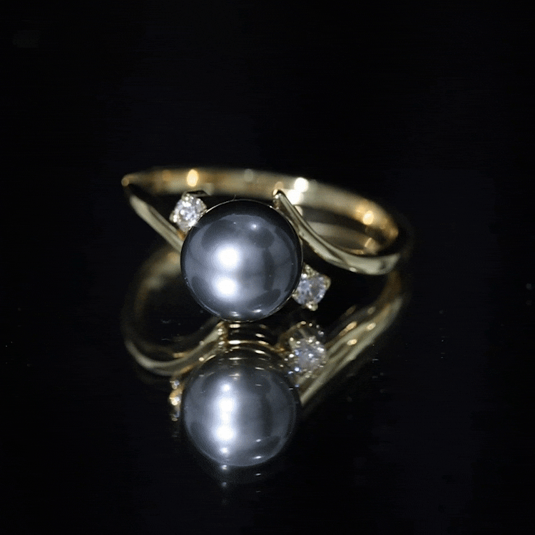 Natural Tahitian black pearl diamond vintage engagement ring with intricate metalwork and sparkling gemstones, crafted by Rosec Jewels.