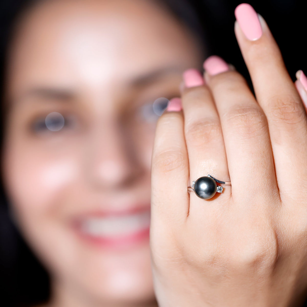Natural Tahitian black pearl and diamond vintage engagement ring by Rosec Jewels, featuring intricate design and elegant craftsmanship.