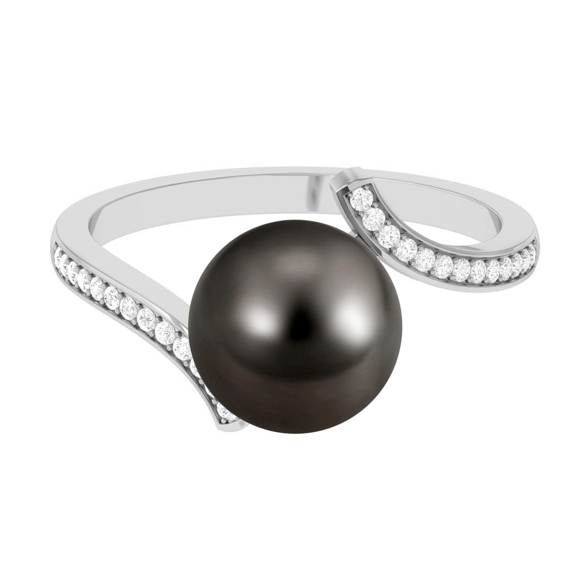 Tahitian pearl bypass engagement ring with diamonds by Rosec Jewels, featuring a lustrous pearl and sparkling diamond accents.
