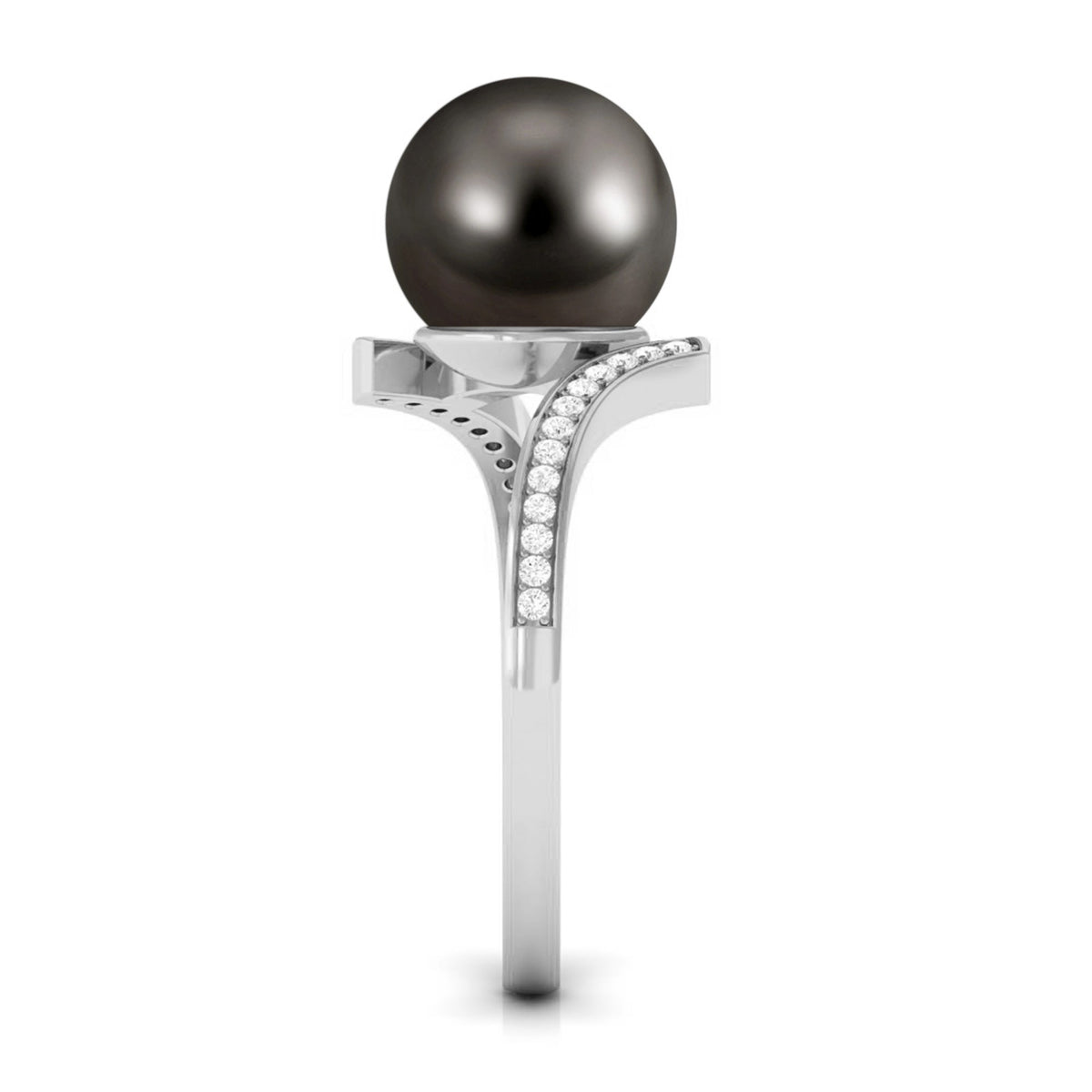 Tahitian pearl bypass engagement ring with diamond accents from Rosec Jewels, featuring a unique curved design.