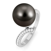 Tahitian pearl bypass engagement ring with diamond accents by Rosec Jewels, featuring a lustrous dark pearl and elegant gold band.