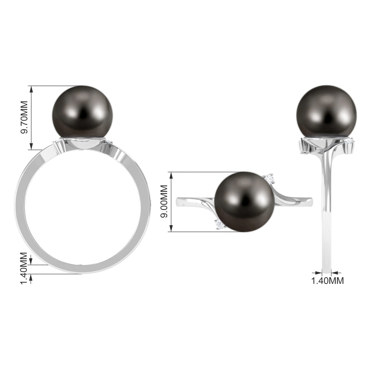 8 carat Tahitian pearl bypass engagement ring with diamond accents from Rosec Jewels, showcasing the elegant ring design and pearl center.