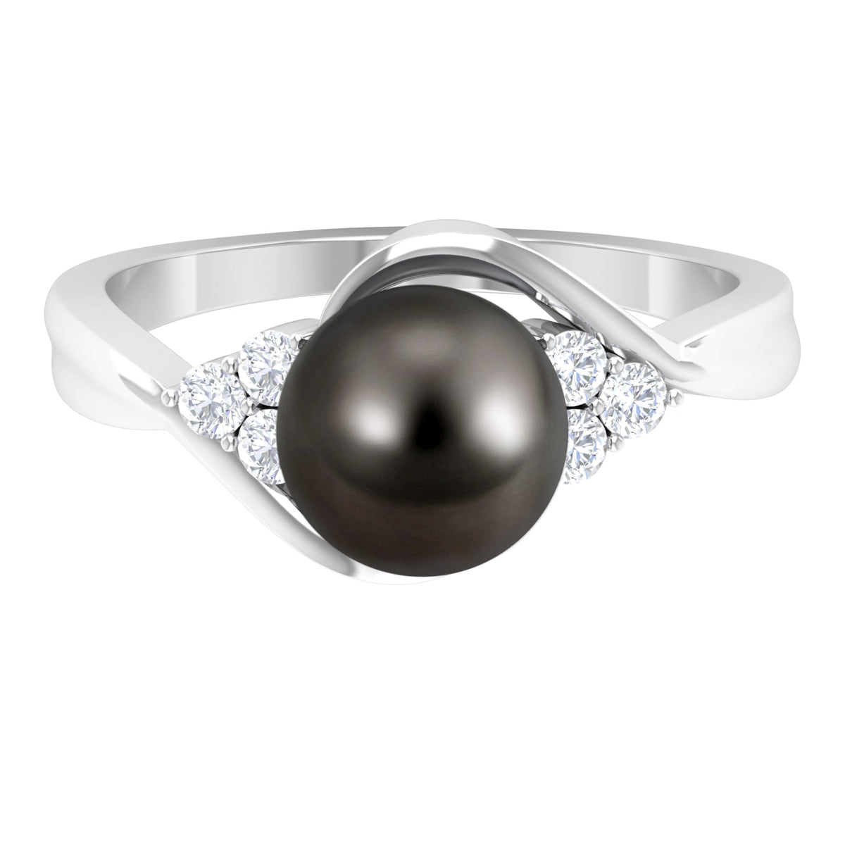 Bypass Tahitian pearl engagement ring with diamond trio by Rosec Jewels, featuring a unique band and elegant pearl centerpiece.