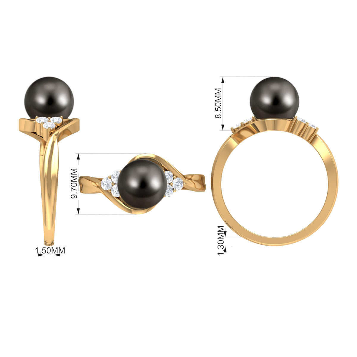 Bypass Tahitian Pearl engagement ring with diamond trio set in silver, featuring a unique intertwined design and dark pearl centerpiece.