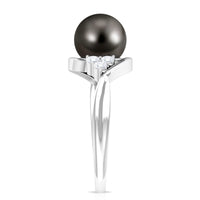 Tahitian pearl engagement ring with bypass design and diamond trio setting by Rosec Jewels, showcasing elegant white gold band and pearl centerpiece