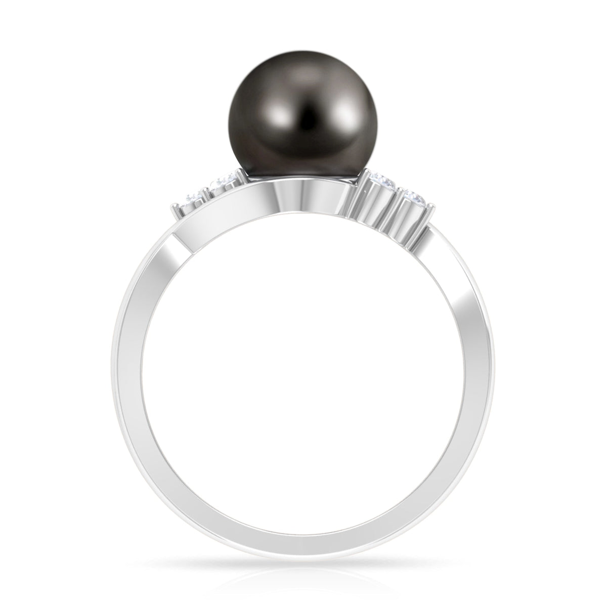 Tahitian pearl engagement ring with diamond trio setting from Rosec Jewels, featuring a central dark pearl and sparkling side stones.