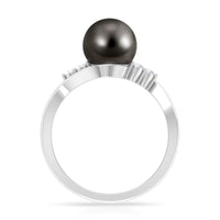 Tahitian pearl engagement ring with diamond trio setting from Rosec Jewels, featuring a central dark pearl and sparkling side stones.