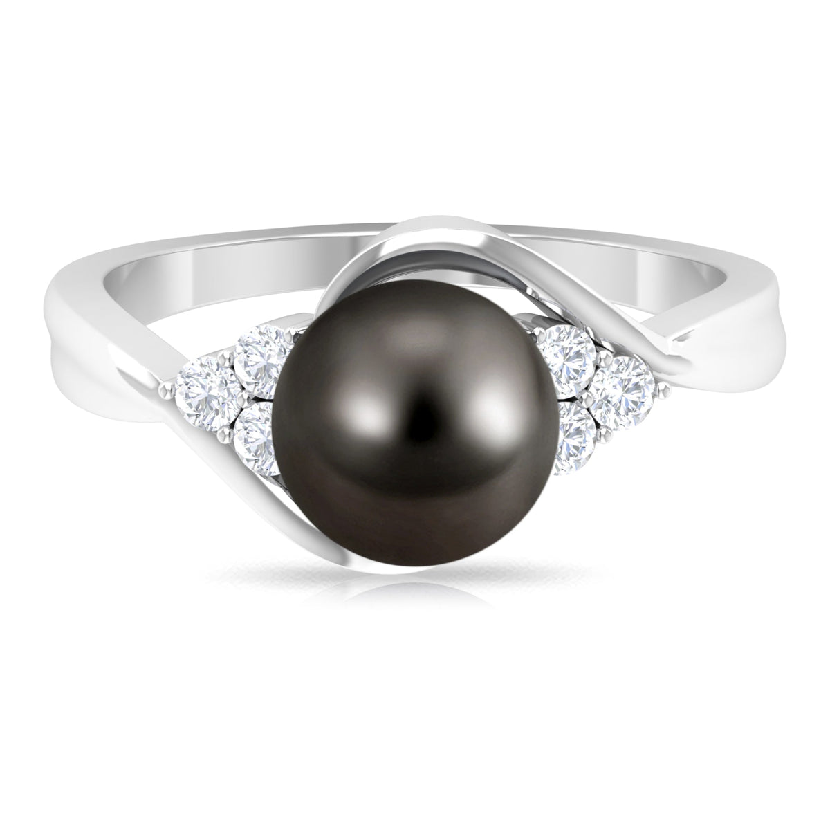 Rosec Jewels bypass Tahitian pearl engagement ring with diamond trio, featuring elegant design and lustrous dark pearls.