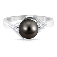 Rosec Jewels bypass Tahitian pearl engagement ring with diamond trio, featuring elegant design and lustrous dark pearls.