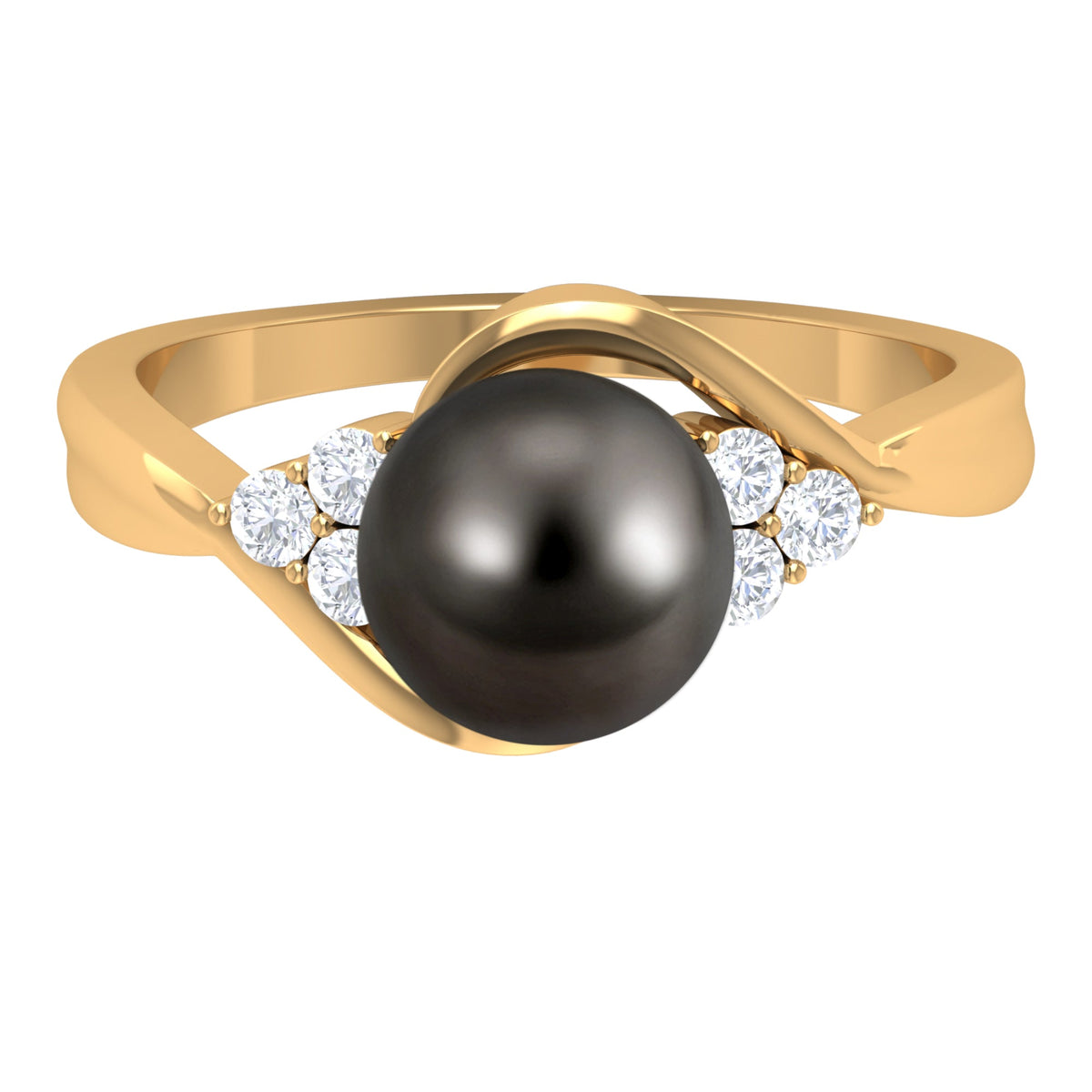 Tahitian pearl engagement ring with diamond trio setting by Rosec Jewels, showcasing a sleek bypass design and shimmering pearls.