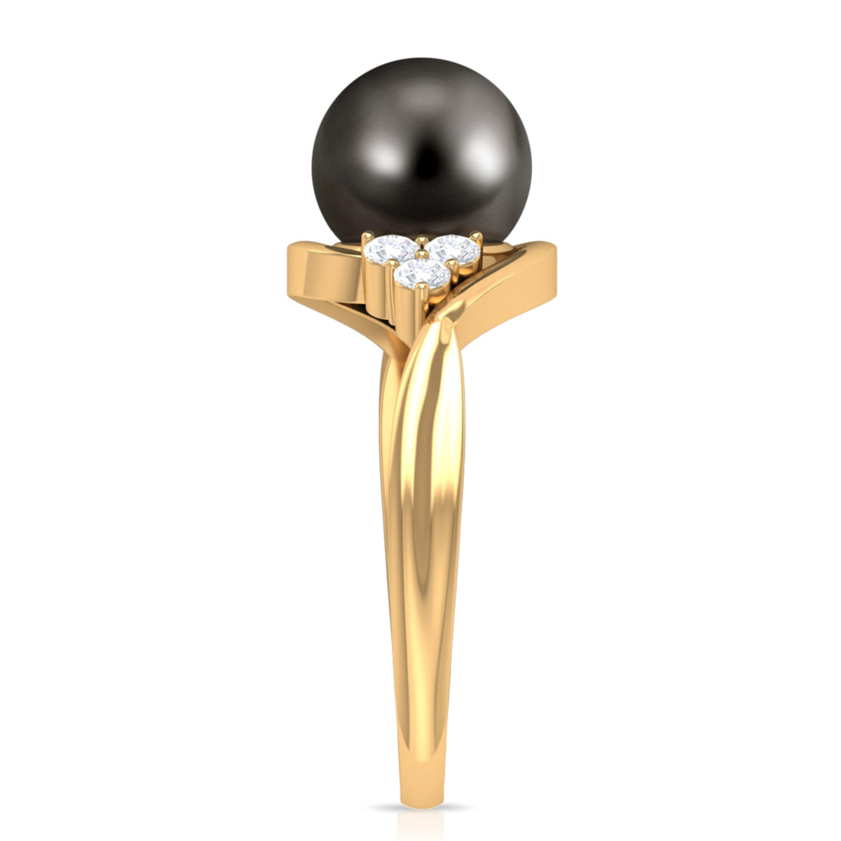 Rosec Jewels bypass Tahitian pearl engagement ring with diamond trio featuring a sleek gold band and elegant design.