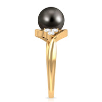 Rosec Jewels bypass Tahitian pearl engagement ring with diamond trio featuring a sleek gold band and elegant design.