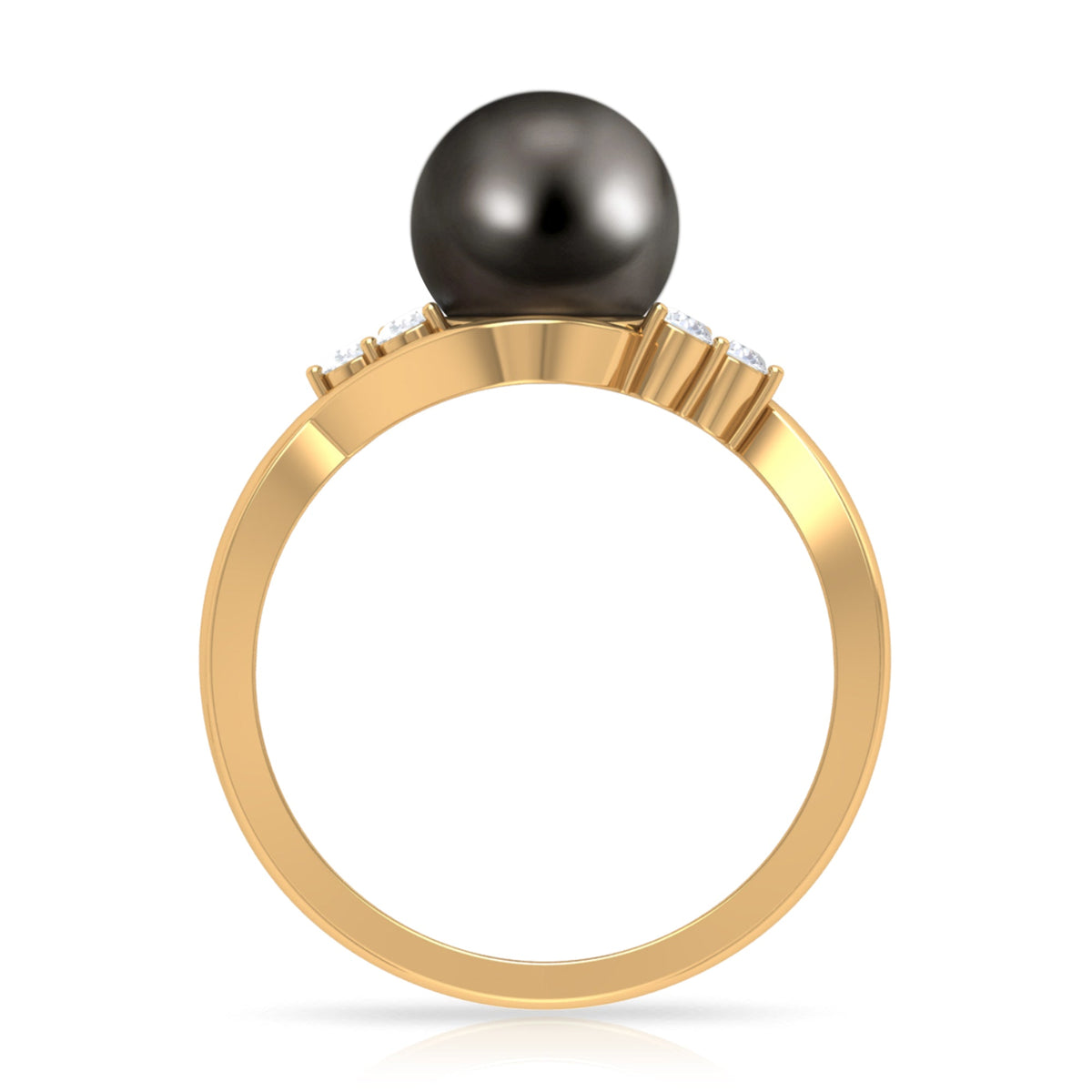 Tahitian pearl engagement ring with diamond trio, Rosec Jewels bypass style featuring a lustrous black pearl and sparkling diamonds.