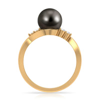 Tahitian pearl engagement ring with diamond trio, Rosec Jewels bypass style featuring a lustrous black pearl and sparkling diamonds.