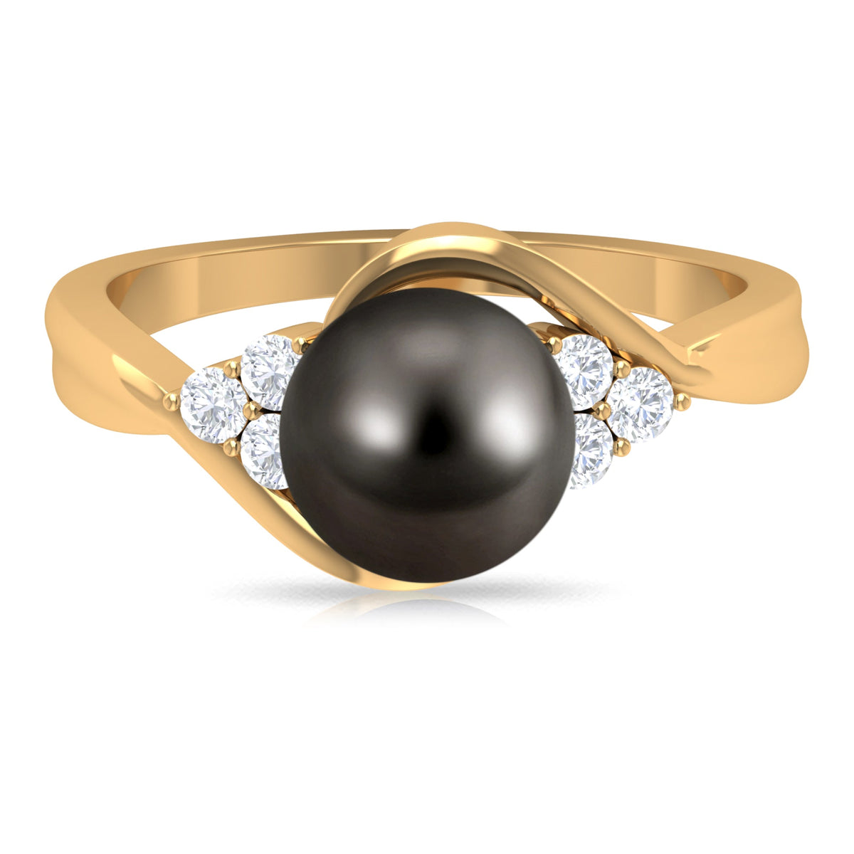 Bypass Tahitian pearl engagement ring with diamond trio set in a graceful Rosec Jewels ring design.