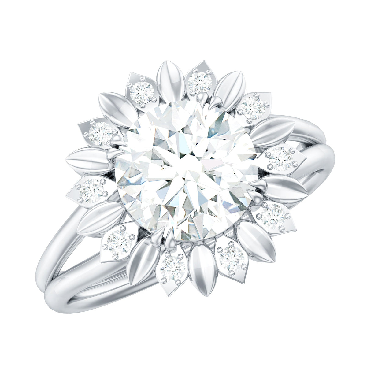 Round Cut Solitaire Zircon Gold Flower Engagement Ring in Split Shank