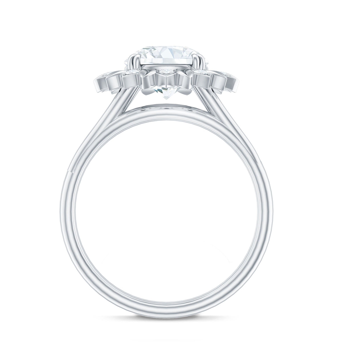 Round Cut Solitaire Zircon Gold Flower Engagement Ring in Split Shank