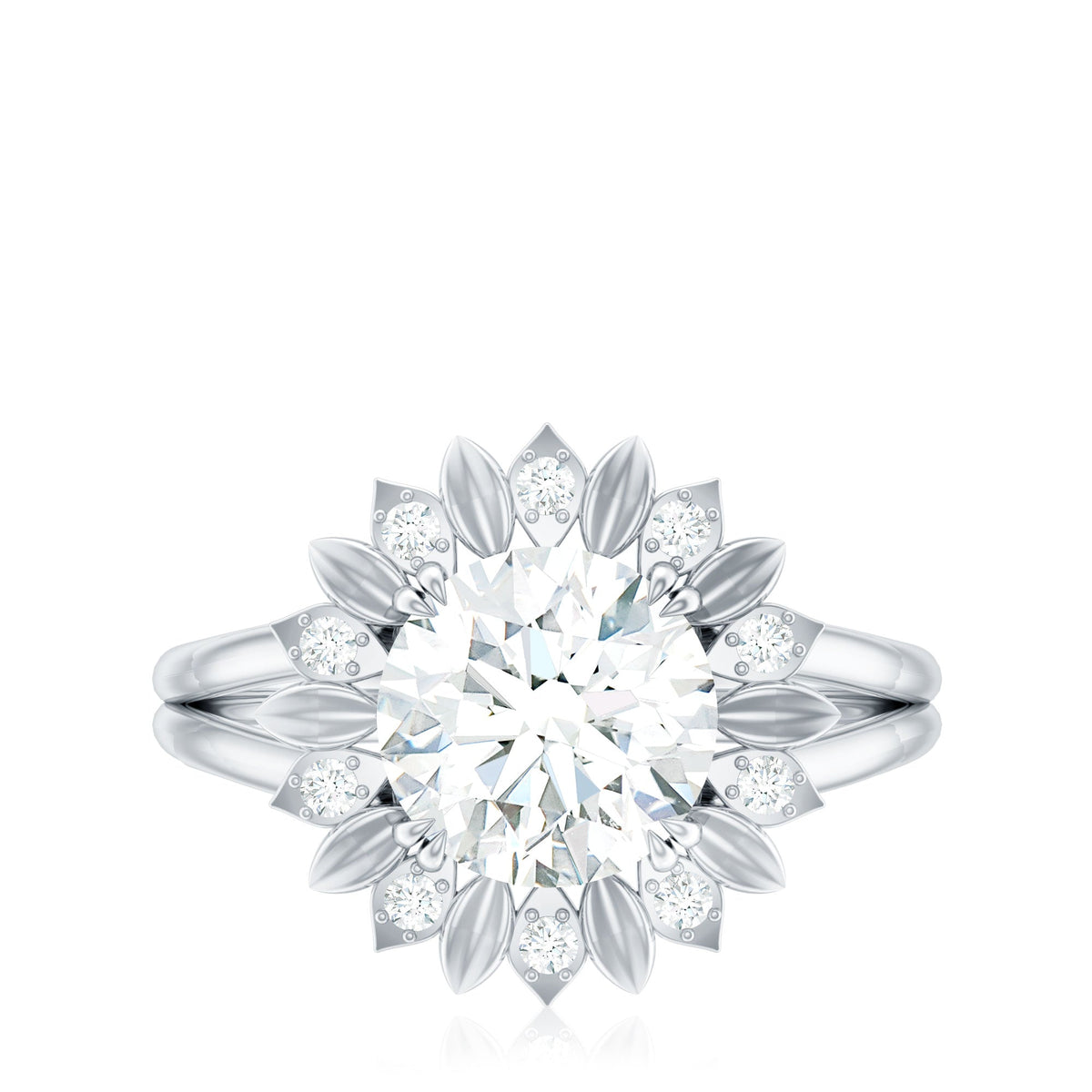 Round Cut Solitaire Zircon Gold Flower Engagement Ring in Split Shank