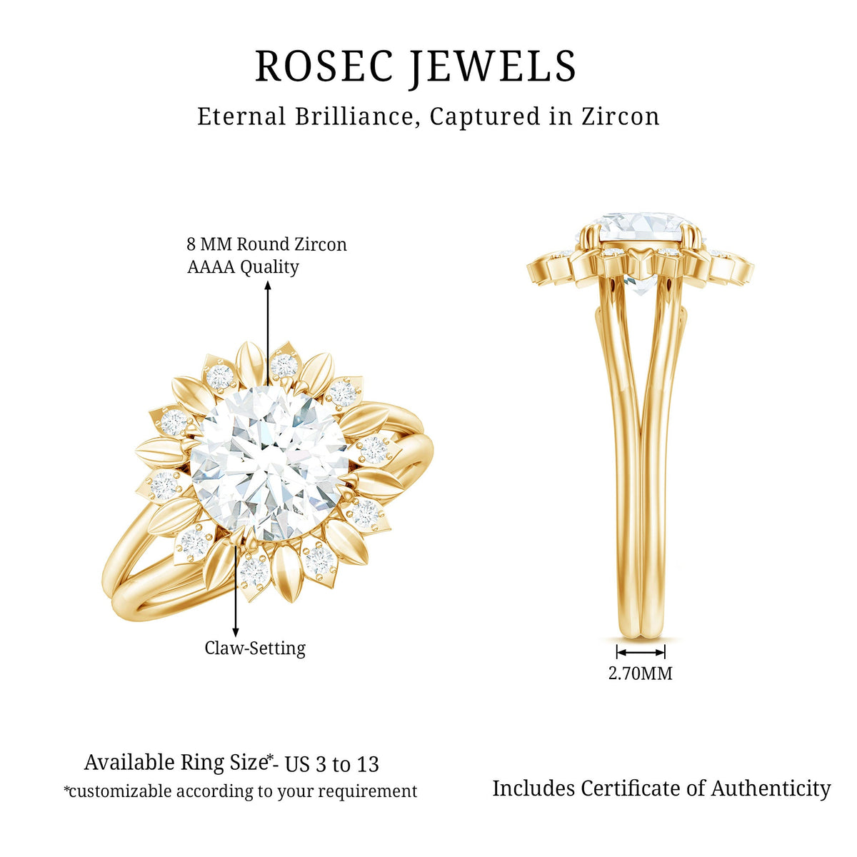 Round Cut Solitaire Zircon Gold Flower Engagement Ring in Split Shank