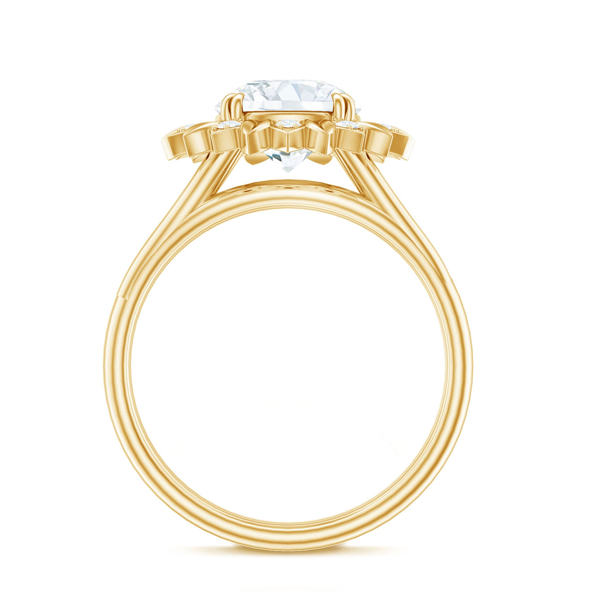 Round Cut Solitaire Zircon Gold Flower Engagement Ring in Split Shank