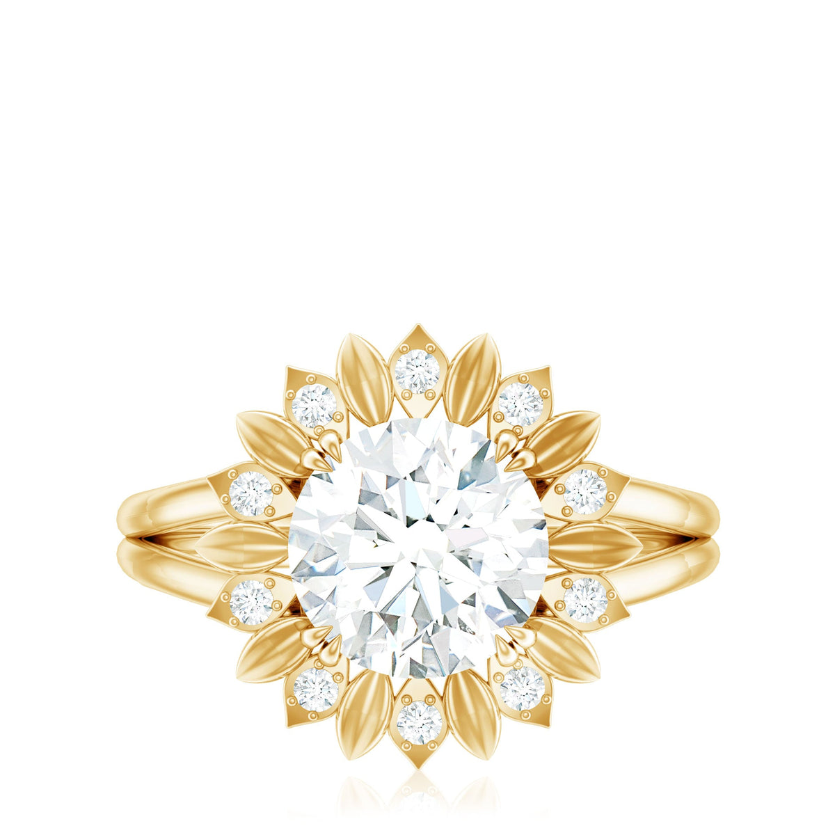 Round Cut Solitaire Zircon Gold Flower Engagement Ring in Split Shank