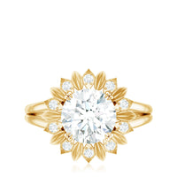Round Cut Solitaire Zircon Gold Flower Engagement Ring in Split Shank