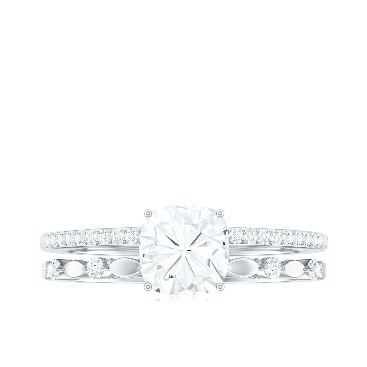 6mm Cushion Cut Moissanite Solitaire Double Band Engagement Ring