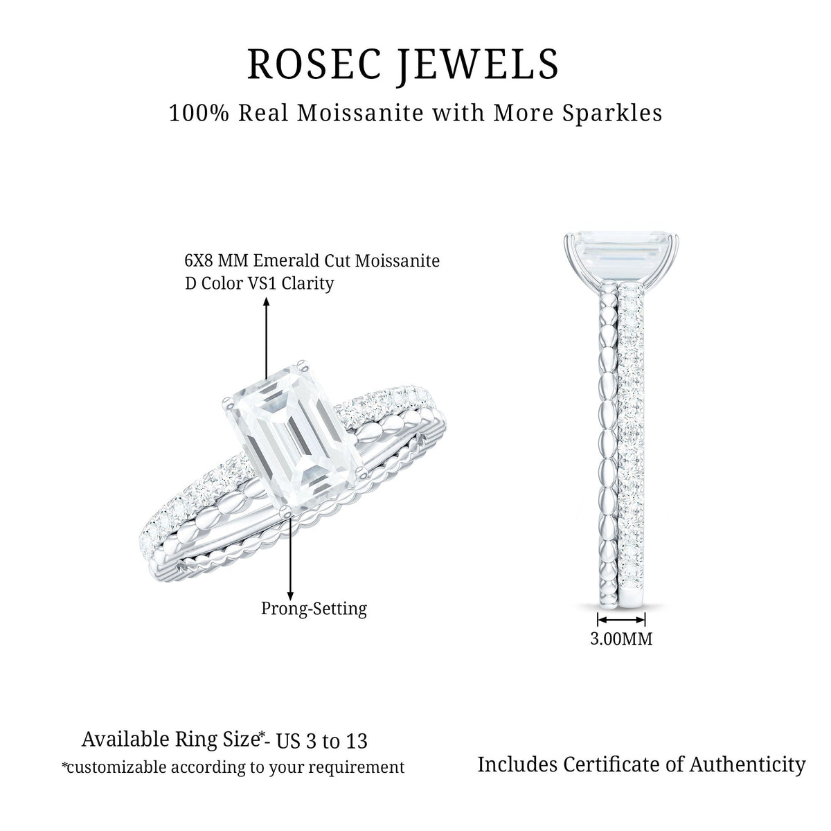 Certified 6X8mm Emerald Cut Moissanite Solitaire Engagement Ring