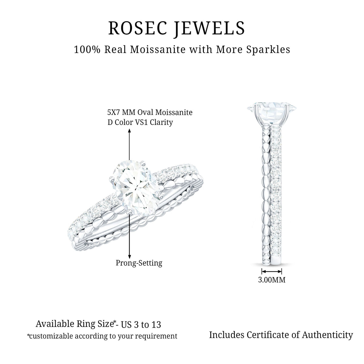 5x7mm Solitaire Moissanite Oblong Engagement Ring