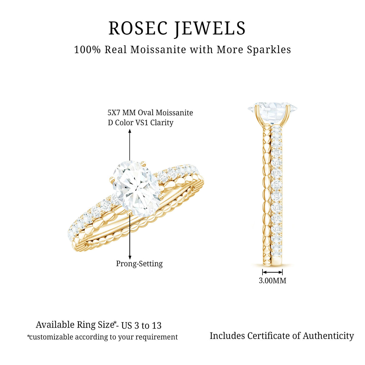 5x7mm Solitaire Moissanite Oblong Engagement Ring