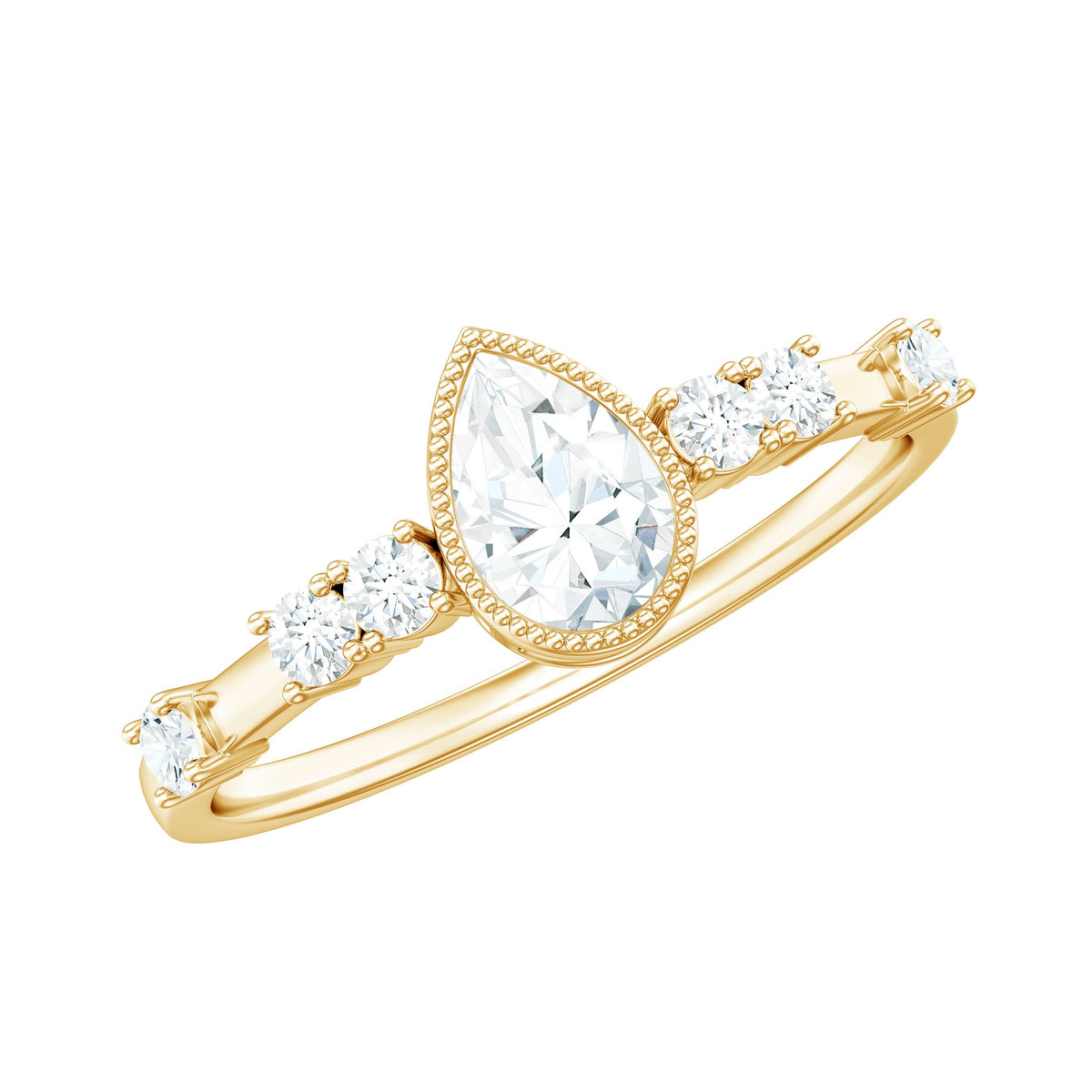 5X7mm Pear Cut Moissanite Solitaire Engagement Ring with Beaded Details