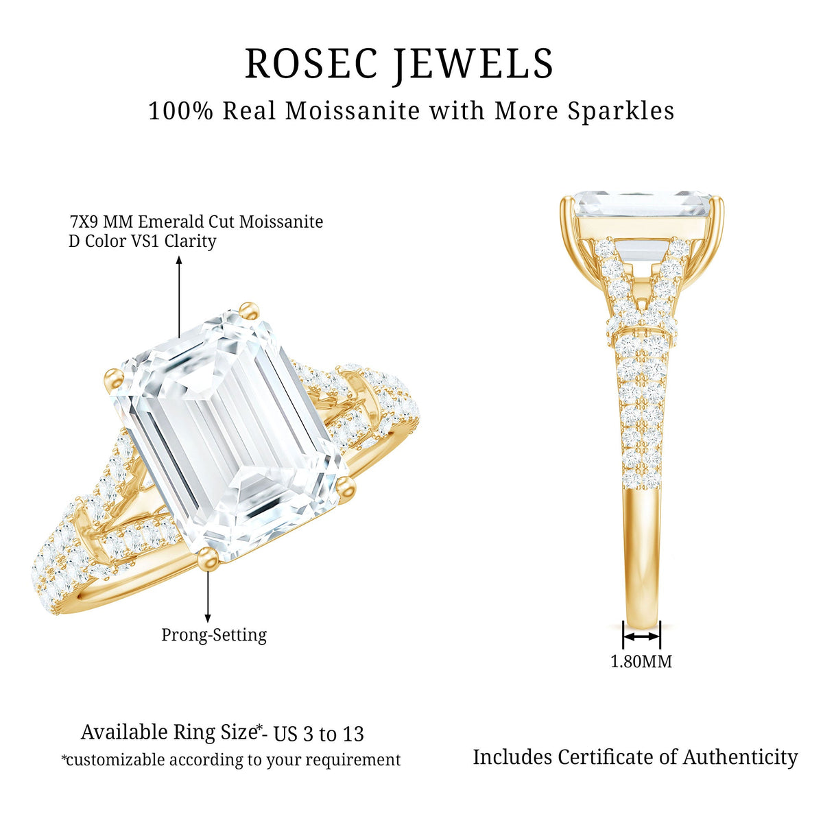 7x9 MM Emerald Cut Moissanite Split Shank Engagement Ring for Women