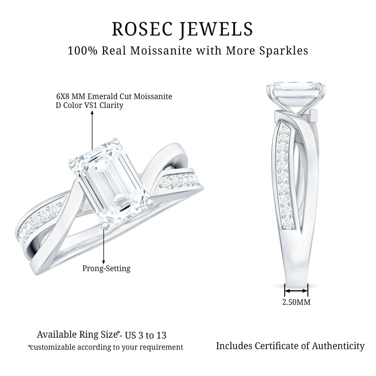 6X8mm Emerald Cut Moissanite Infinity Engagement Ring