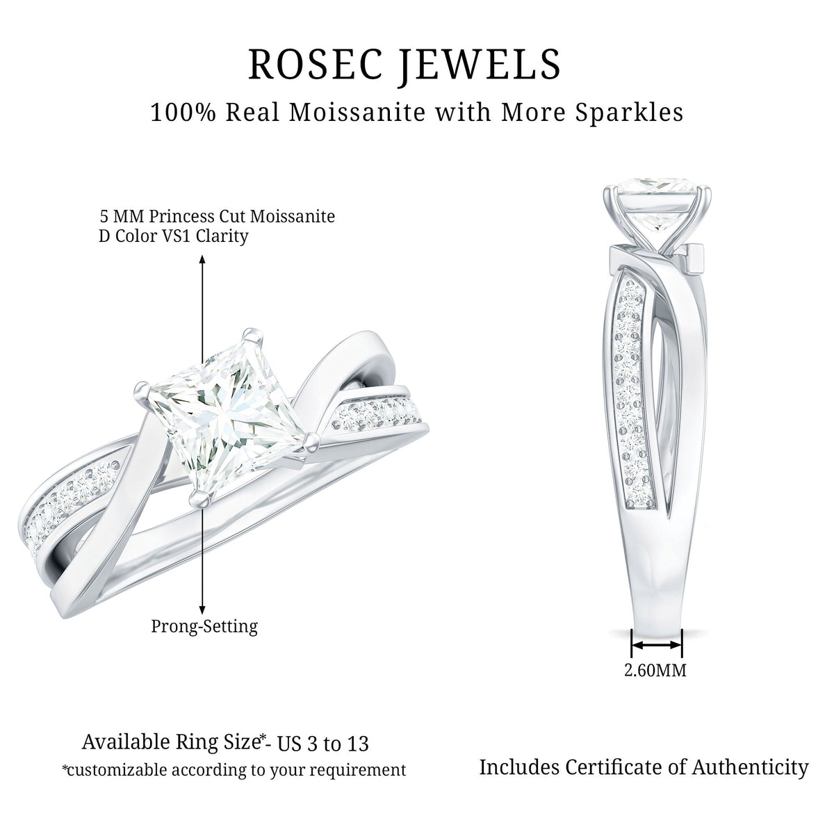 5mm Princess Cut Moissanite Solitaire Infinity Engagement Ring