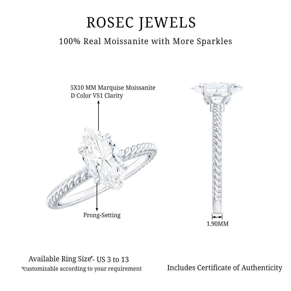 5X10mm Marquise Cut Moissanite Solitaire Engagement Ring with Twisted Rope Shank