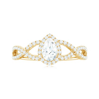 Pear Shaped Moissanite Crossover Engagement Ring with Halo