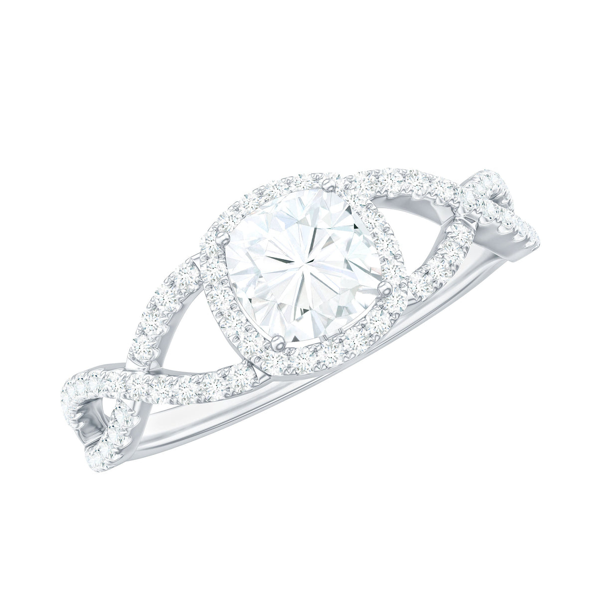 6mm Cushion Cut Moissanite Halo Engagement Ring with Crossover Shank