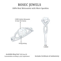 6mm Cushion Cut Moissanite Halo Engagement Ring with Crossover Shank